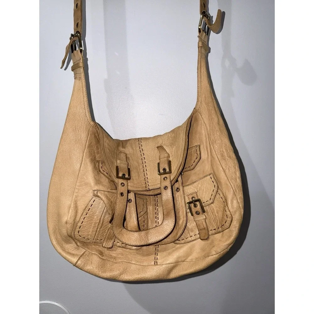 Carla Mancini Tan Smooth Leather Satchel Hobo Shoulder Flap Fold Over Boho Bag F